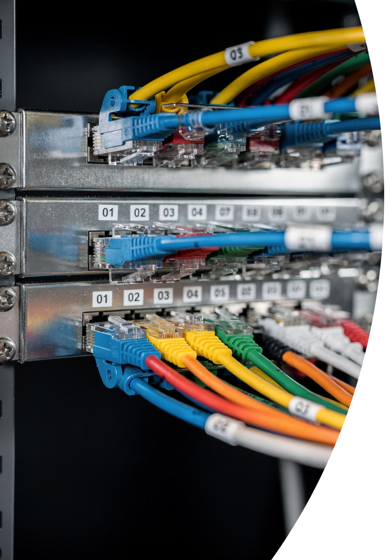Rack de servidores con panel de parcheo y cables organizados